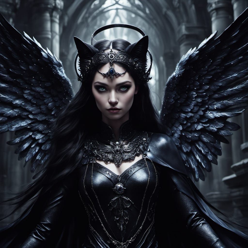 Goddess Pays Homage to Winged Black Cat in Gothic Style