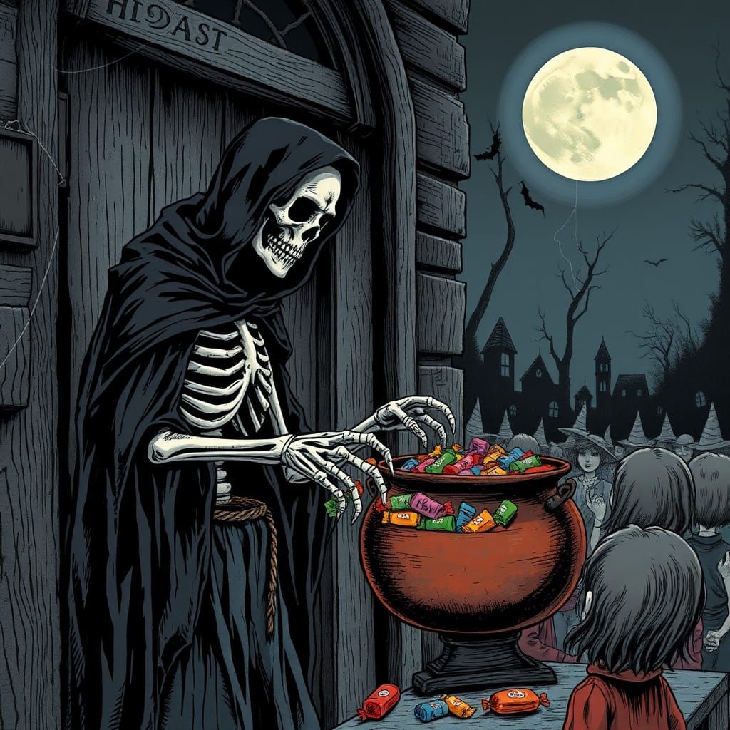 A skeleton handing out Halloween candy