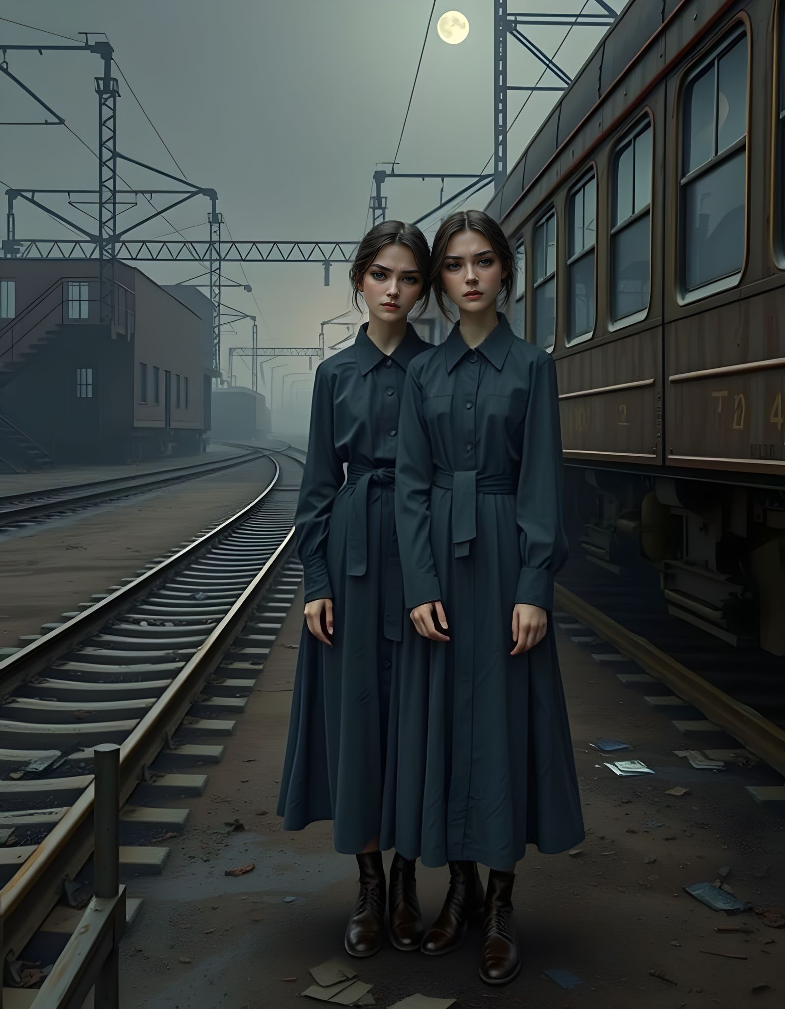 Surrealist Twins Wait in a Desolate, Foggy Landscape