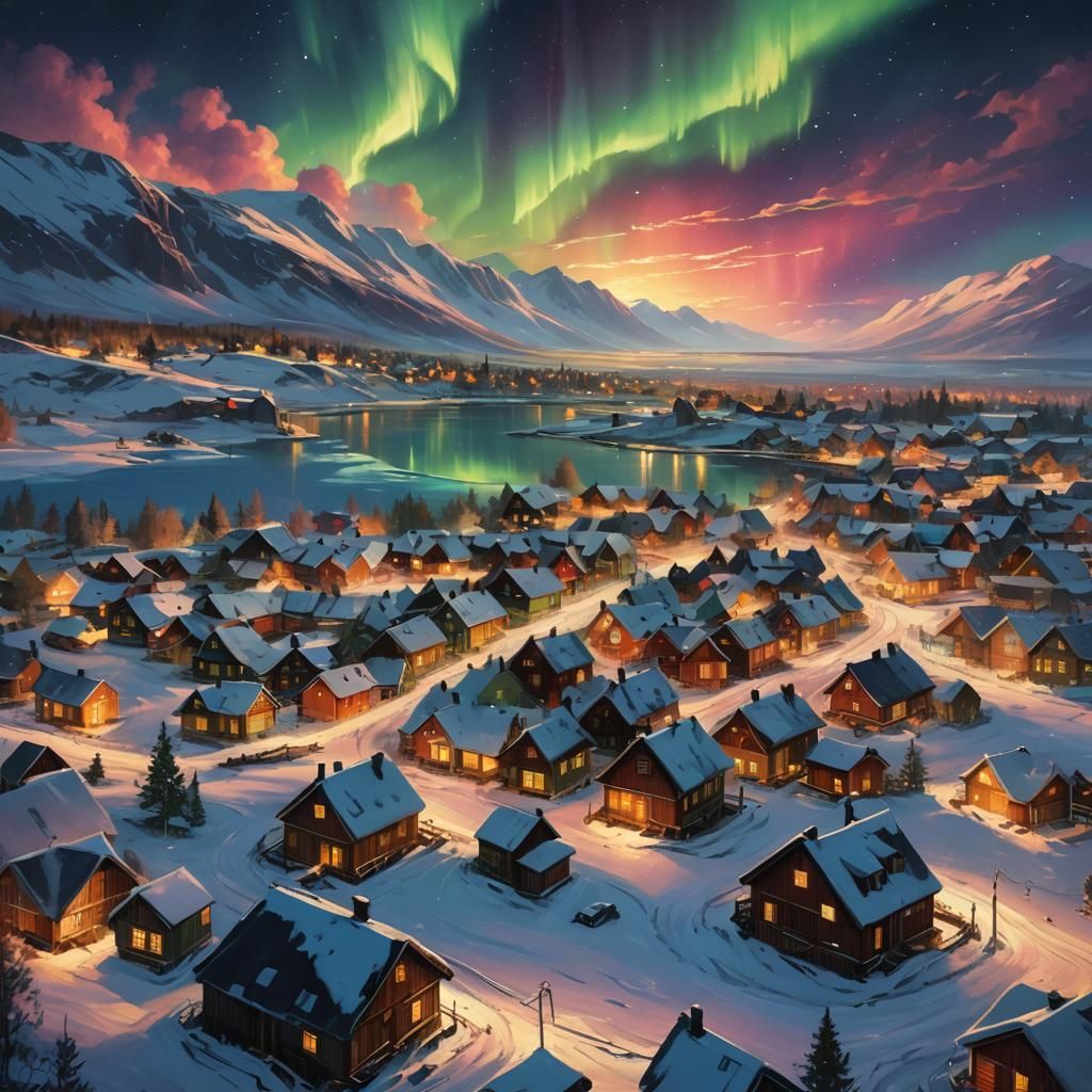 Hyperrealistic Northern Lights Over Village