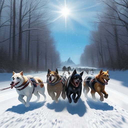 Dogs Pulling Sled in Snowy Landscape