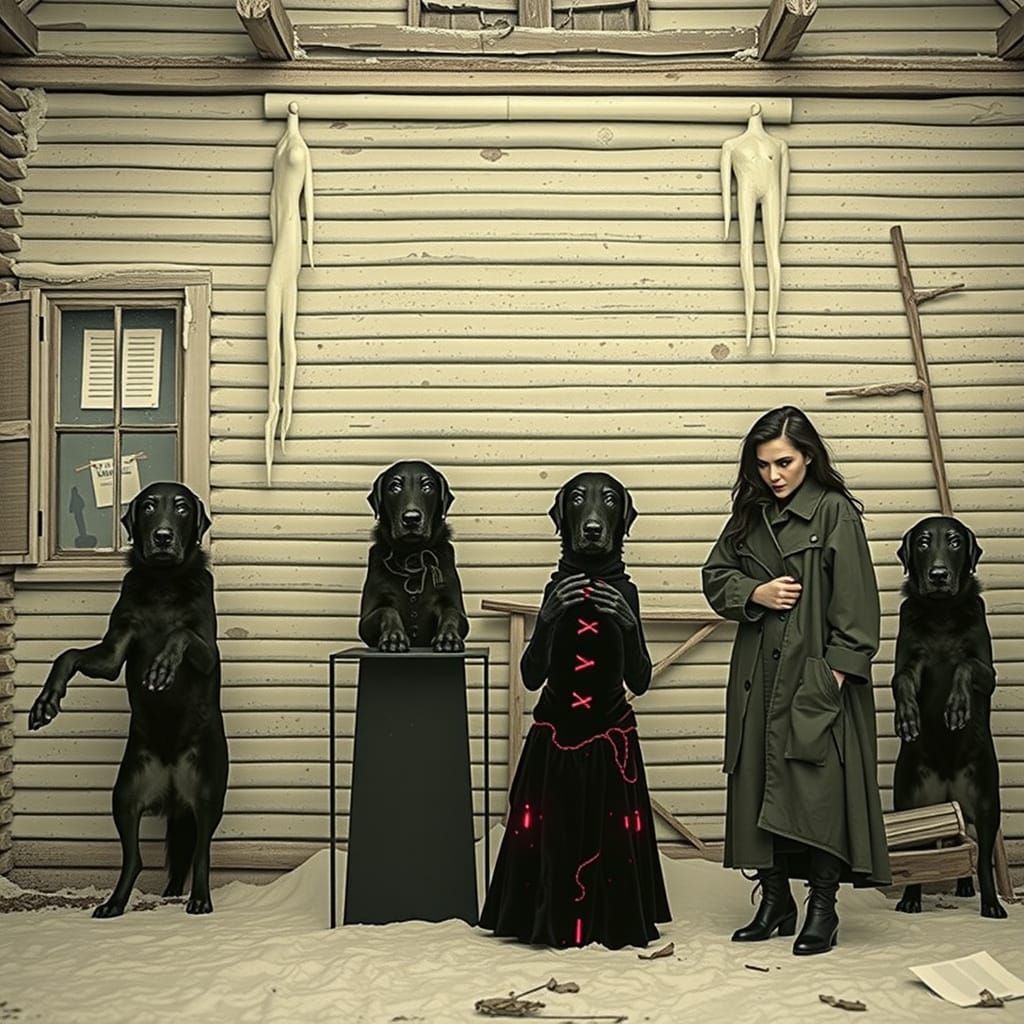 Goth Model in Smoky House with Iron Sculpture