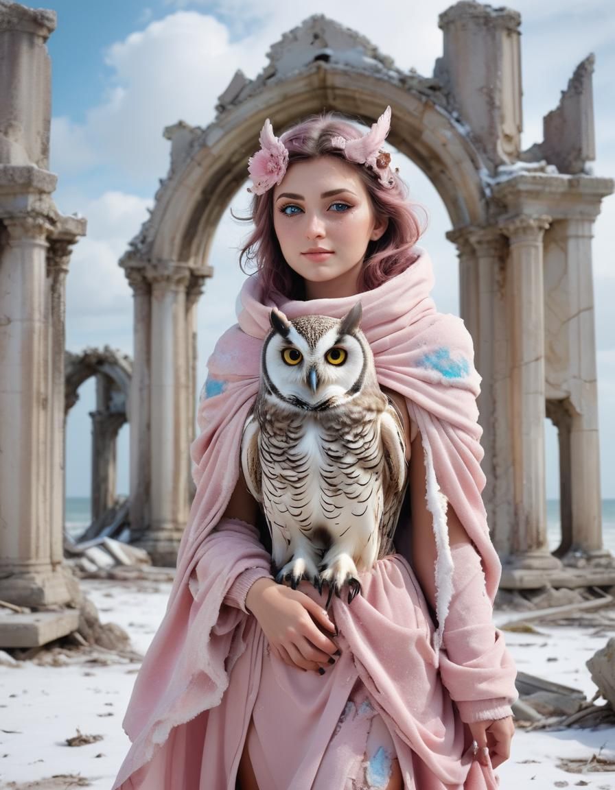Gothic Owl Woman in Beach Ruins