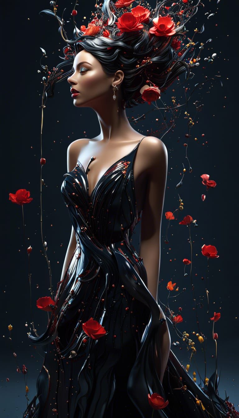 elegant woman in evening gown with flowers in hair, Jackson Pollock, Abstract expressionist, Splashing liquid, Drip tech...