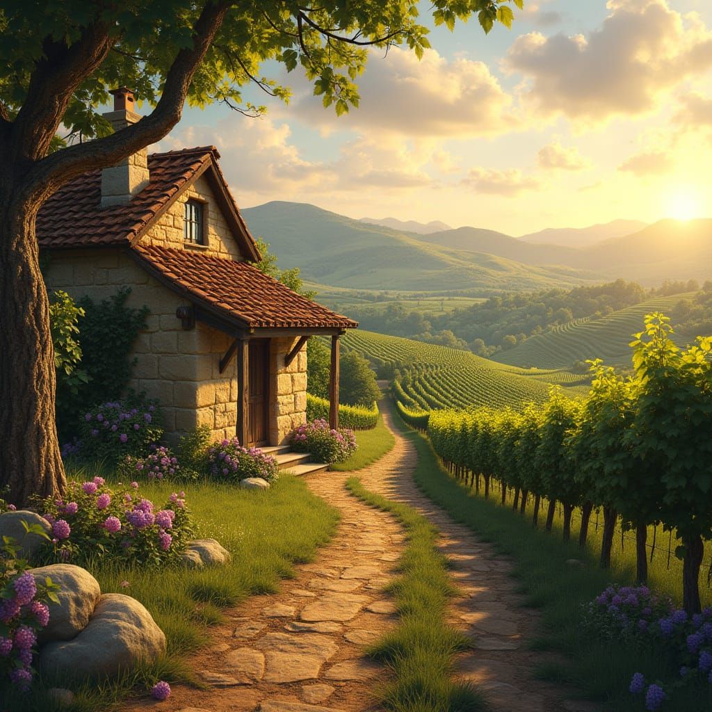 Idyllic Vineyard Landscape in Golden Hour