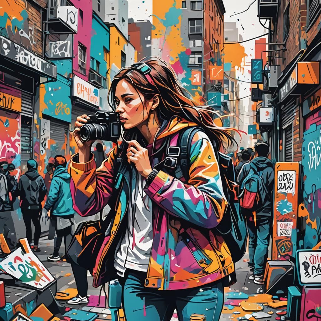 Woman Capturing Cityscape: Flat Color Vector Illustration