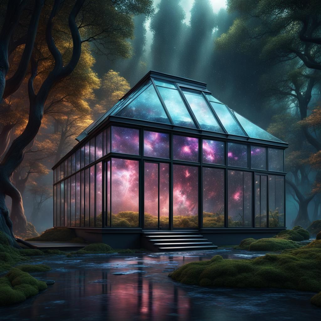 Glass House Under Galaxy Sky in Forest