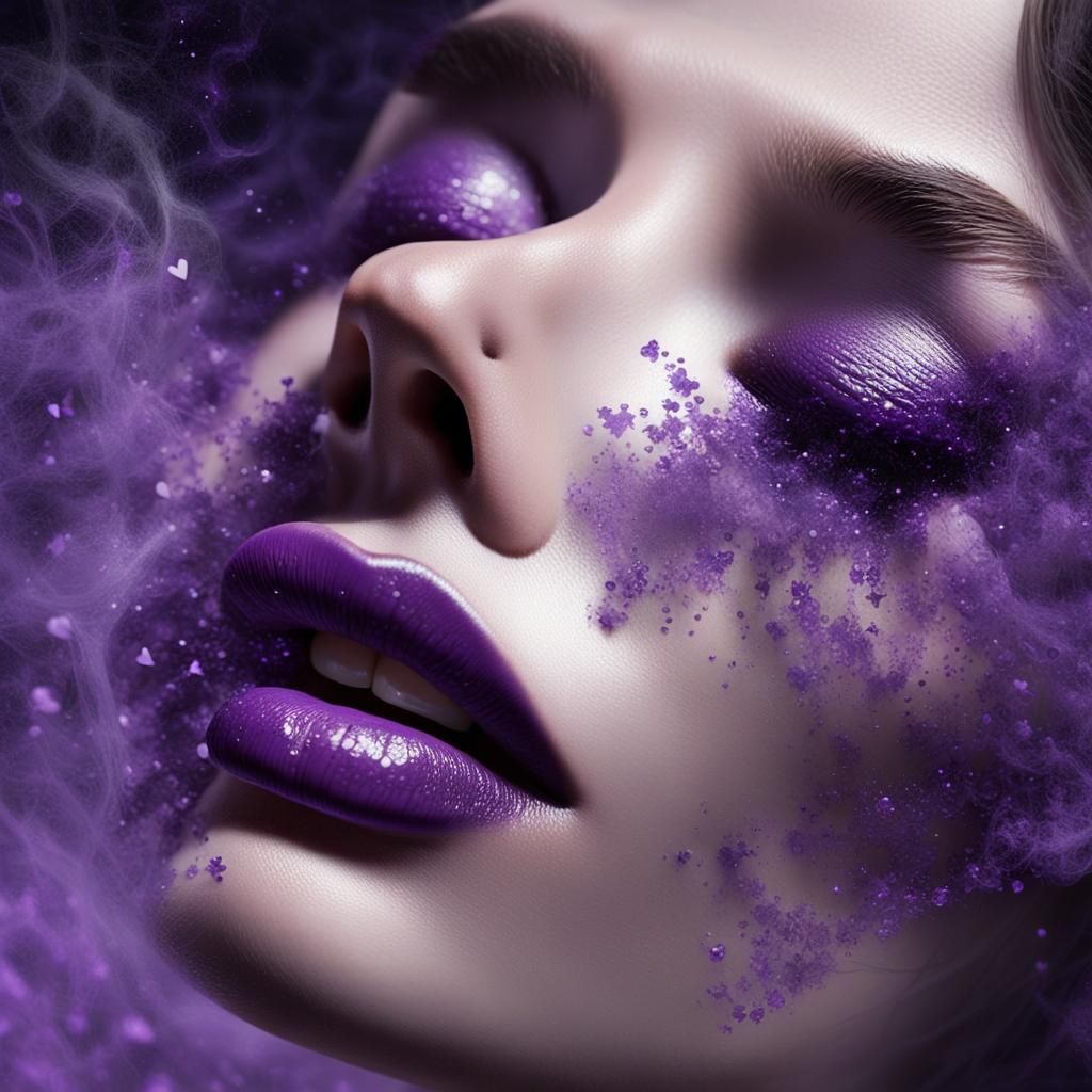 Ethereal Woman Blowing Violet Hearts in Dreamscape