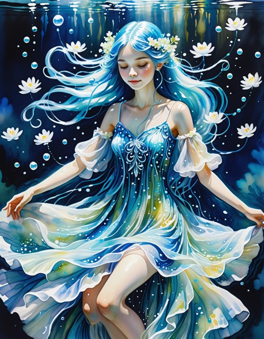 Bioluminescent Water Fairy in Impressionistic Watercolour