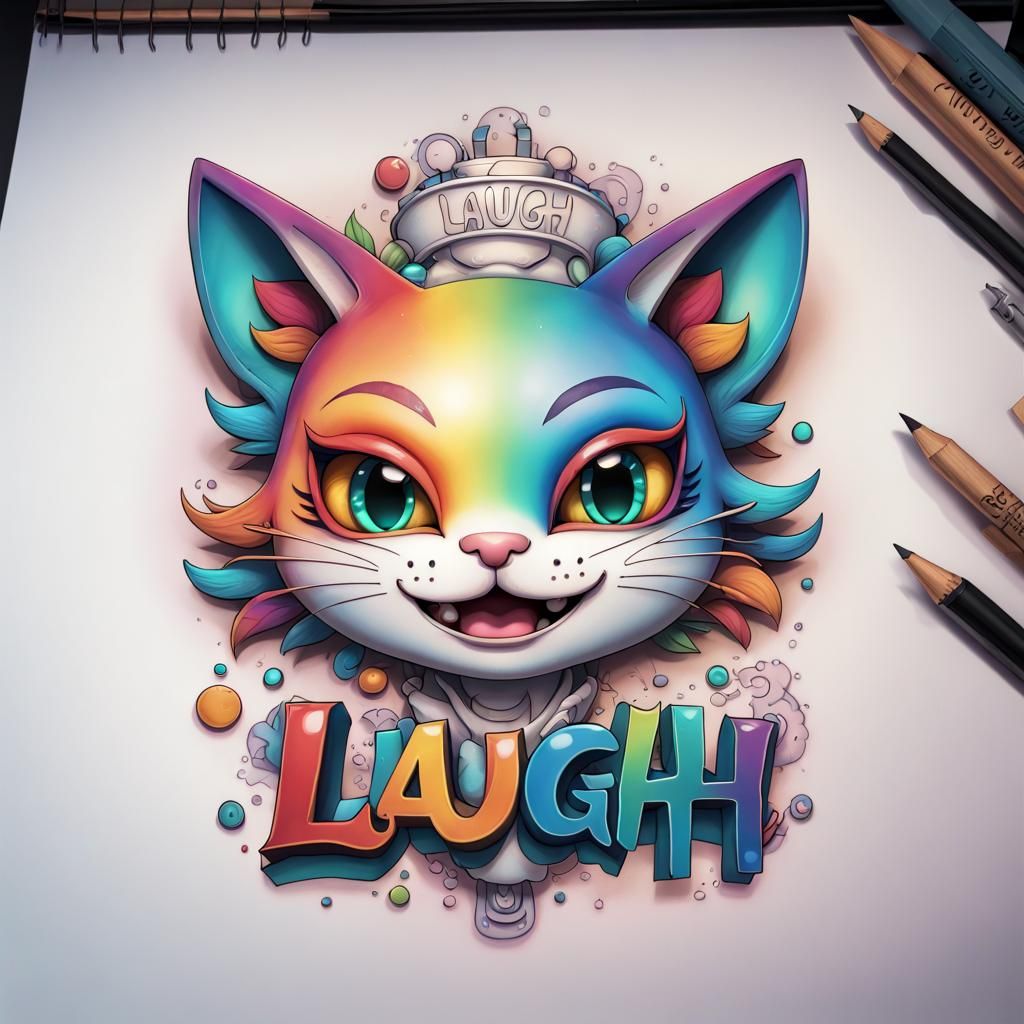Laughing Cat with Rainbow Tattoo in 3D Cel-Shaded Style