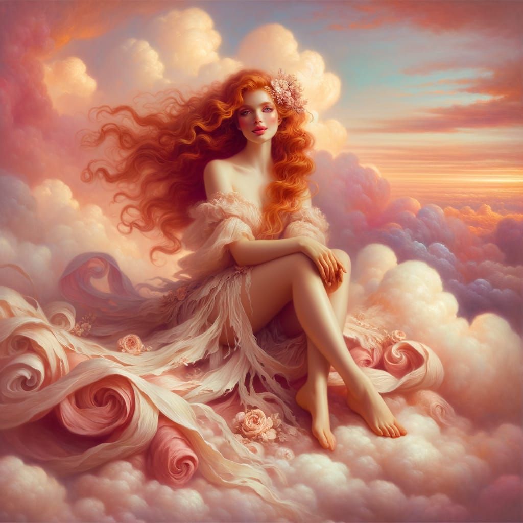 Norse Goddess on Cloud at Sunset: Romantic Style