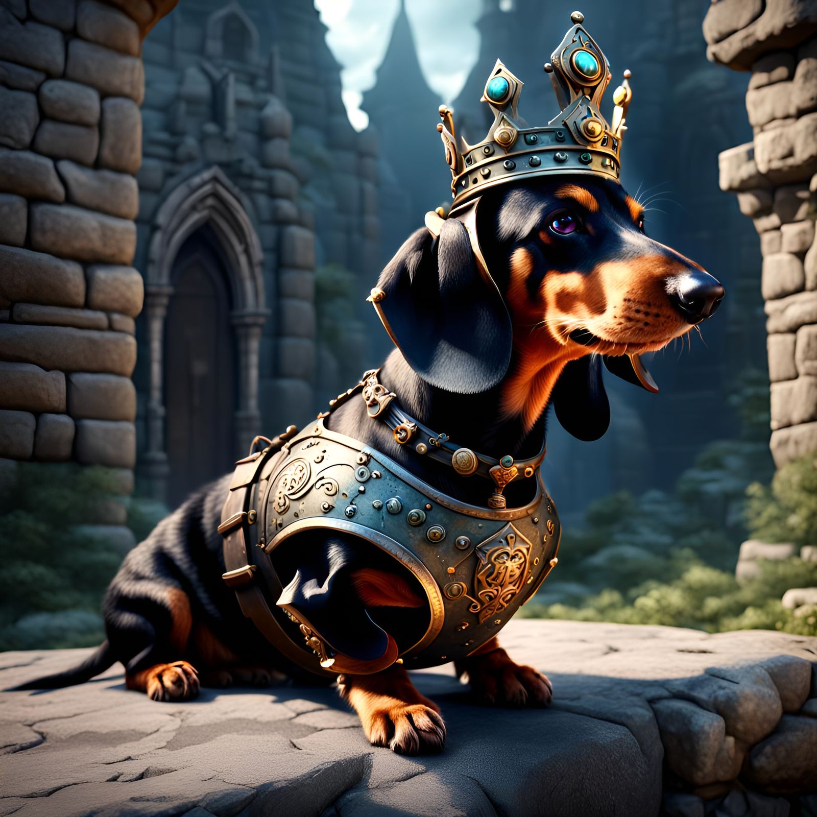 Dachshund Stone Warrior with Crown: Fantasy Art