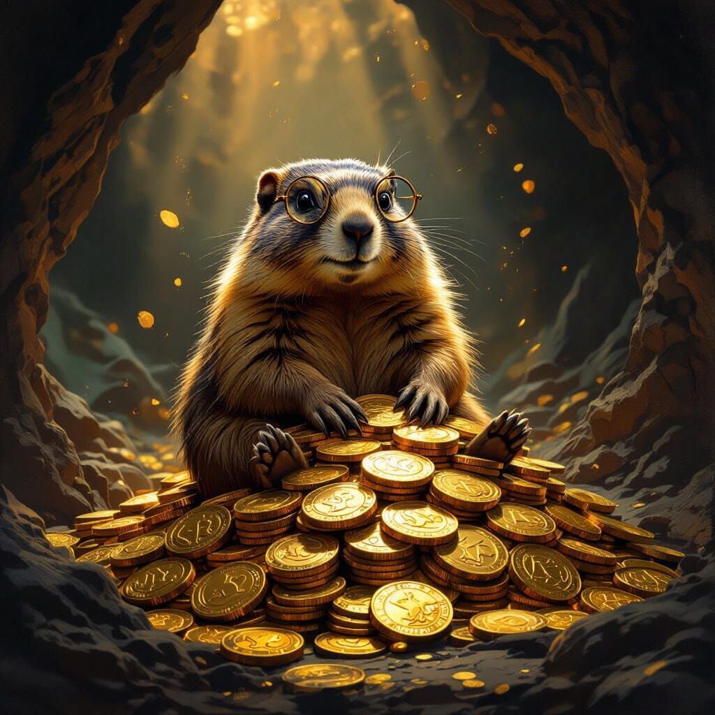 Wise Marmot on Gold Coins in Dramatic Light