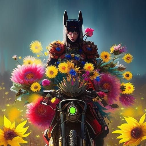 Cyberpunk Samurai in Rococo Floral Arrangement