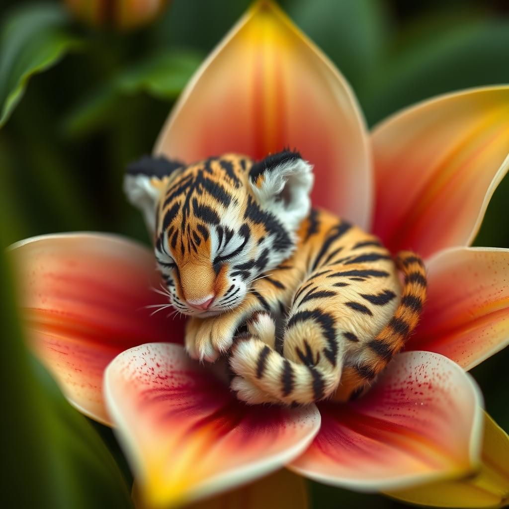 Sleeping Tiger Cub in a Tiger Lily