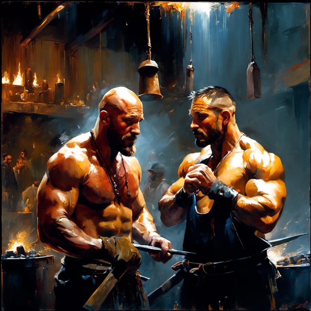 Blacksmiths in Forge: Oil Painting with Dramatic Lighting