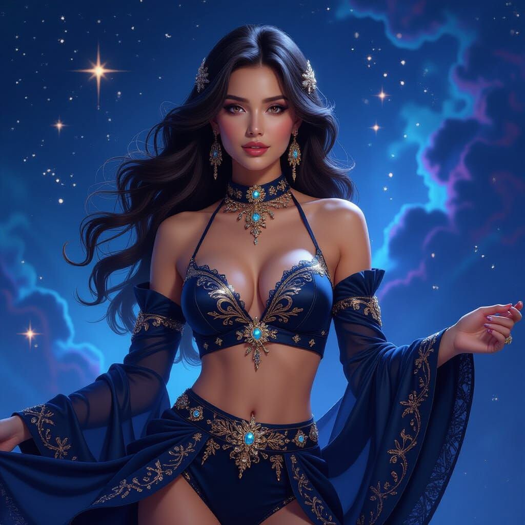 Woman Amidst Stars in Intricate Outfit