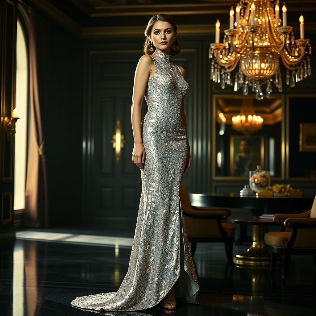 Elegant Woman in Art Deco-Inspired Sequin Gown