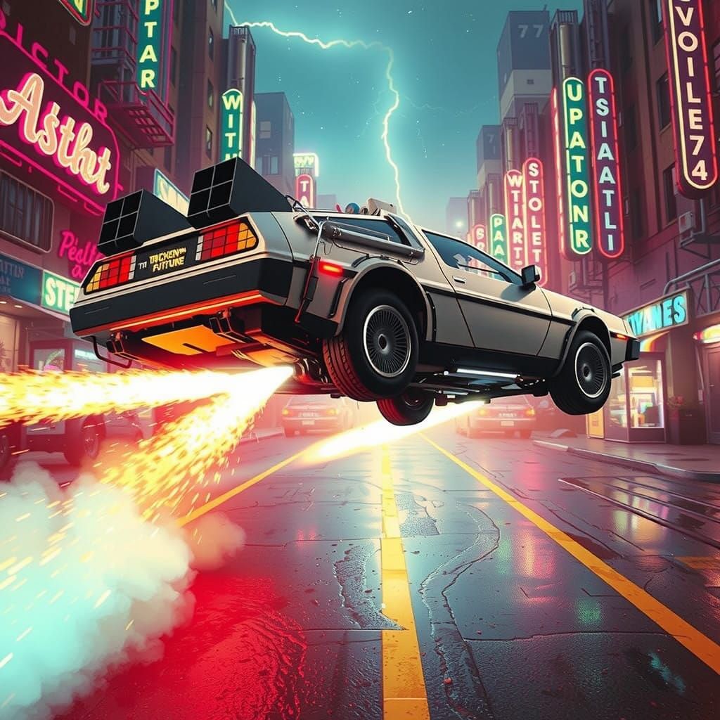 Time-Traveling DeLorean Soars Through Neon 80s City