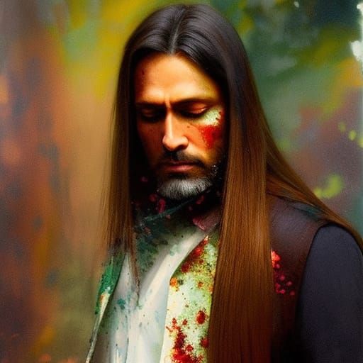 Dramatic Oil Portrait of Man with Flowers