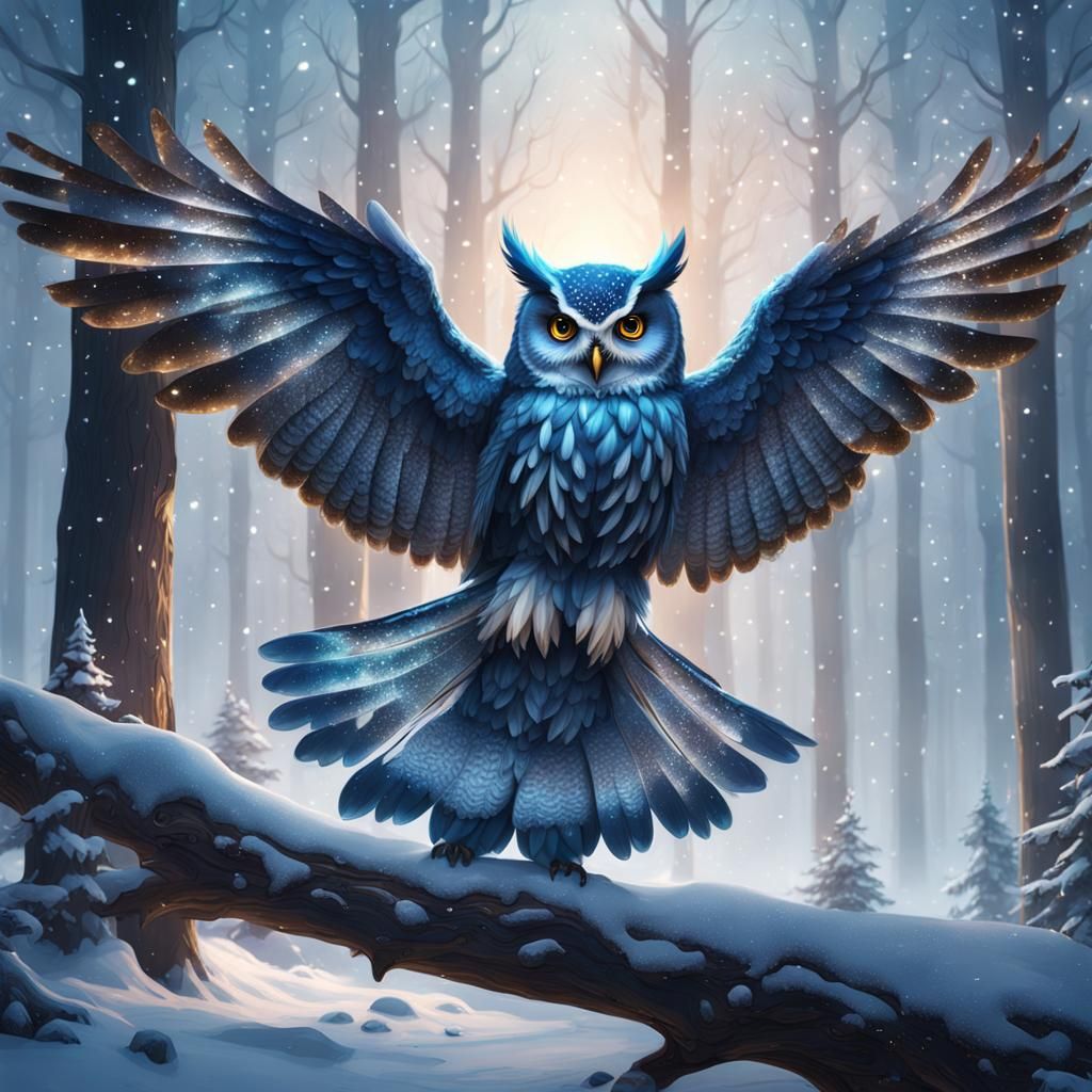 Galaxy Winged Owl in Snowy Forest