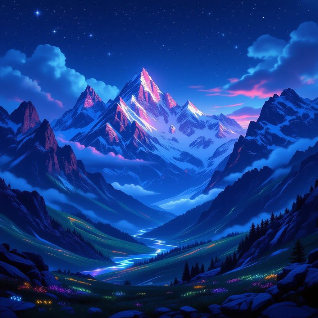 Surreal Neon Mountain Range at Night