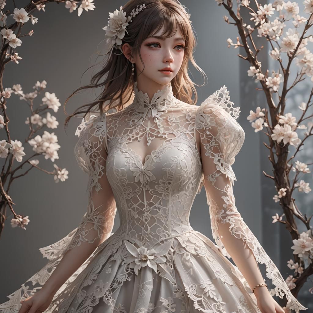 Detailed 3D Anime Art Lace Dress