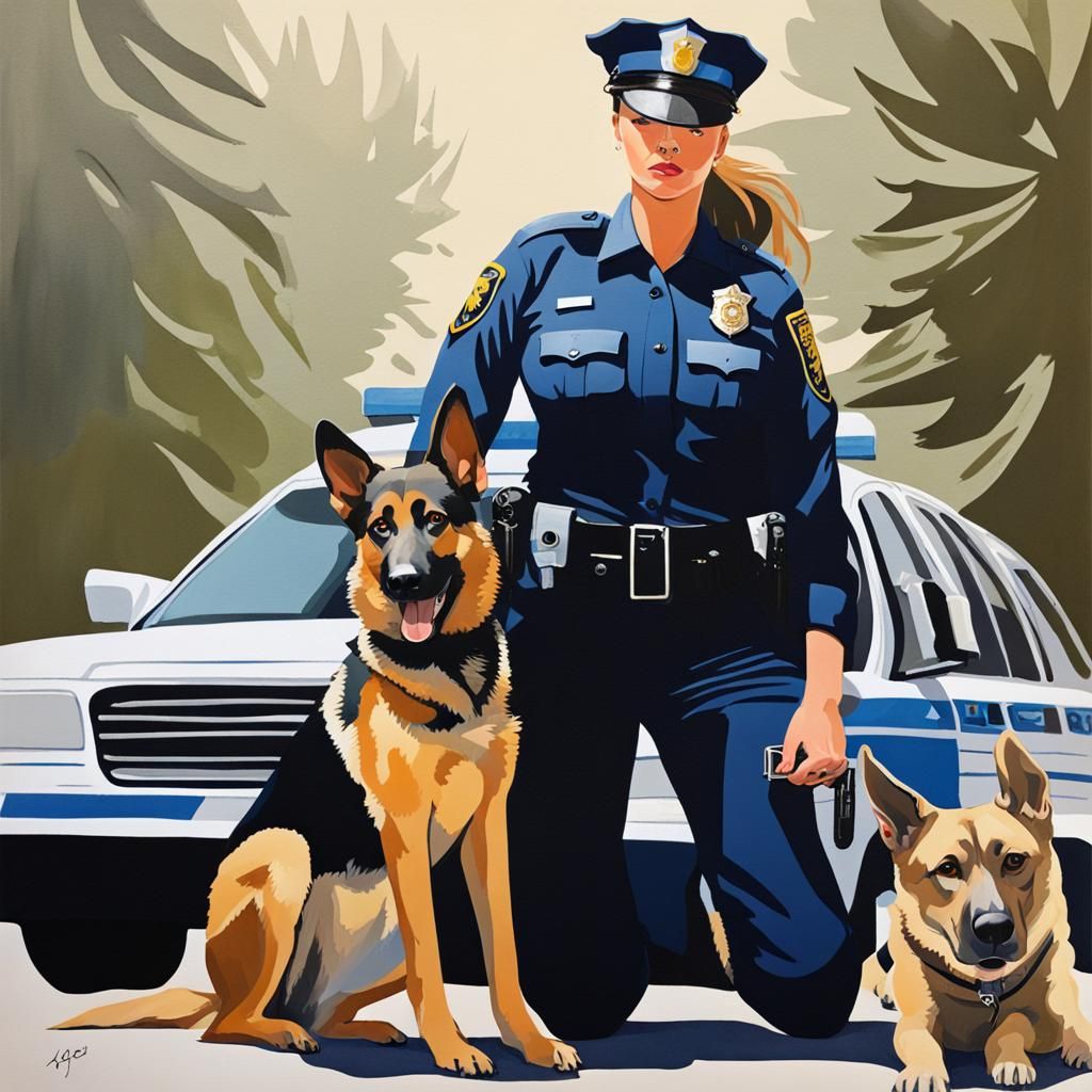 Woman Police Officer and Dog: Gouache Painting