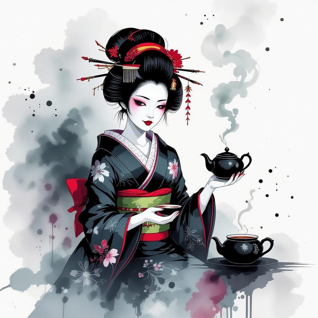 Gothic Geisha Serving Tea in Alcohol Ink Style