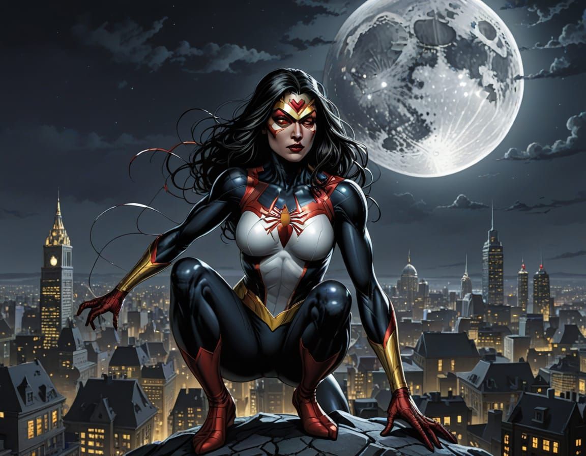 Grim Dark Fantasy Spider-Woman in Medivial City Under Fullmo...