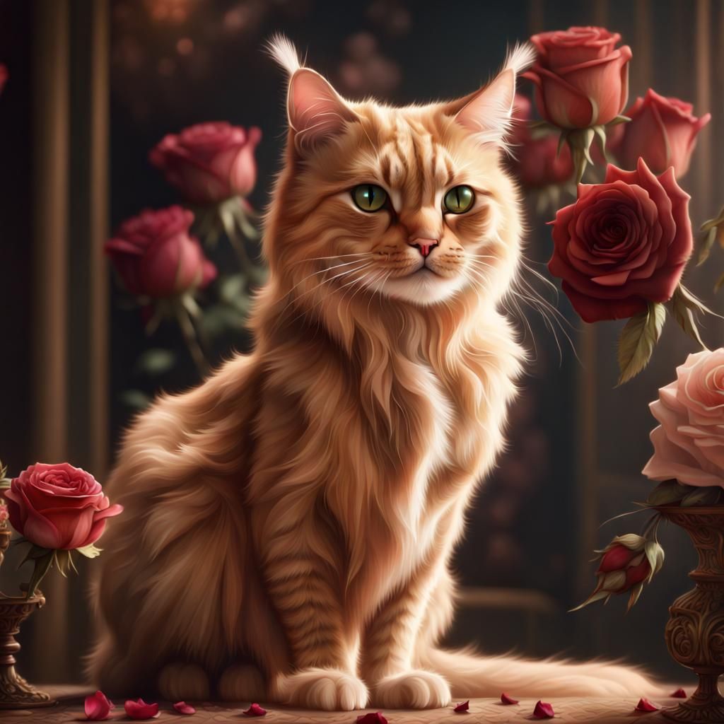 Butterscotch Cat with Roses: Digital Matte Painting