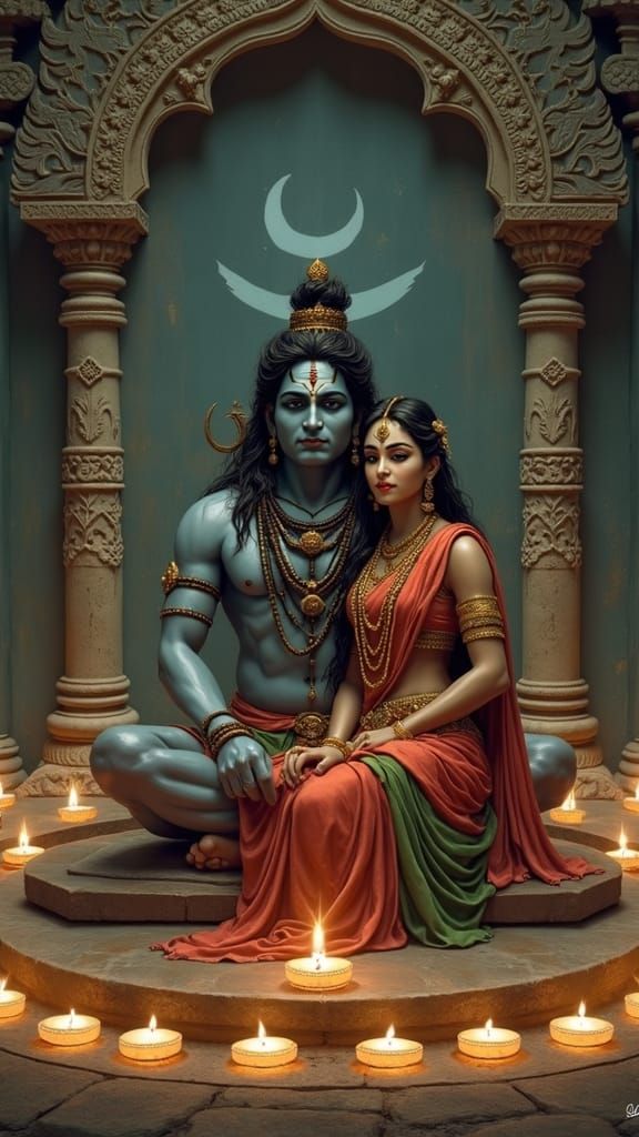 Shiva and Parvati: A Divine Temple Scene