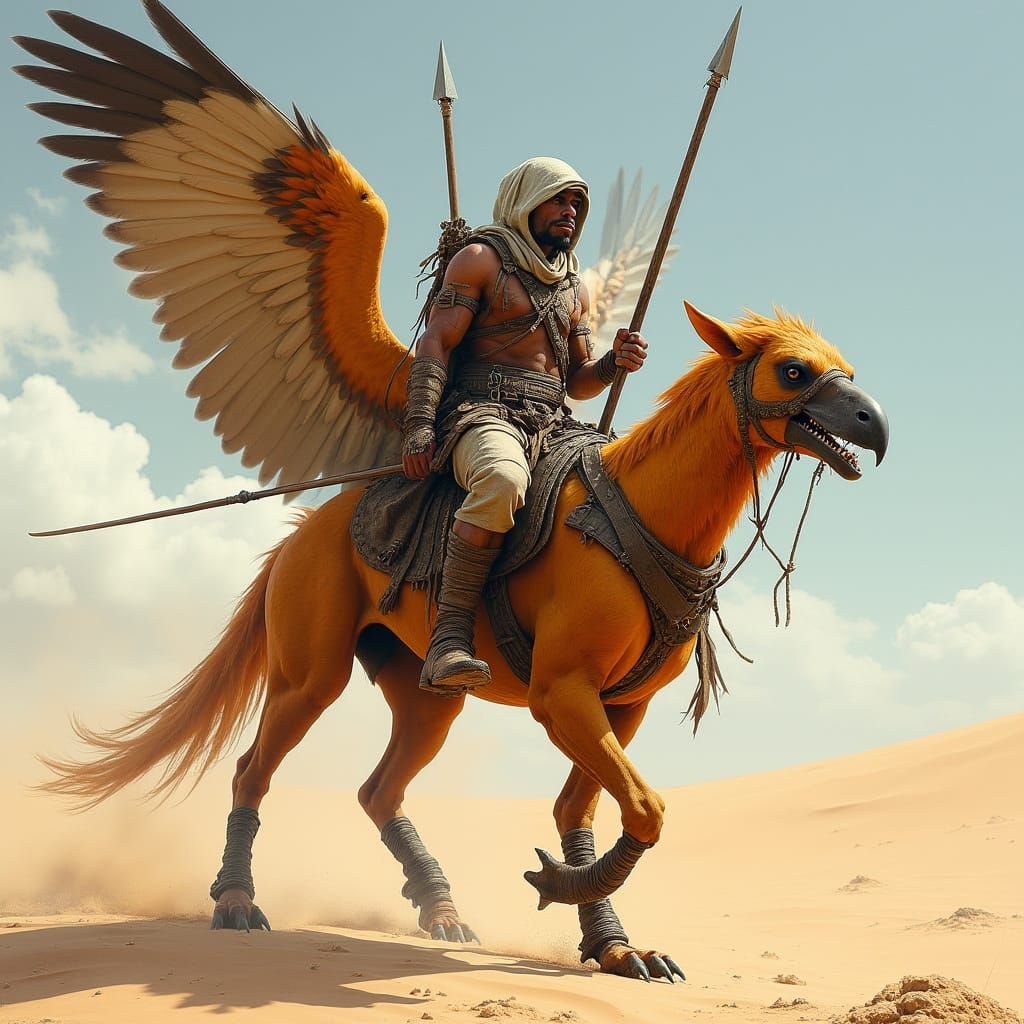 Nomadic Warrior Rides Griffin-Predator Hybrid in Desert