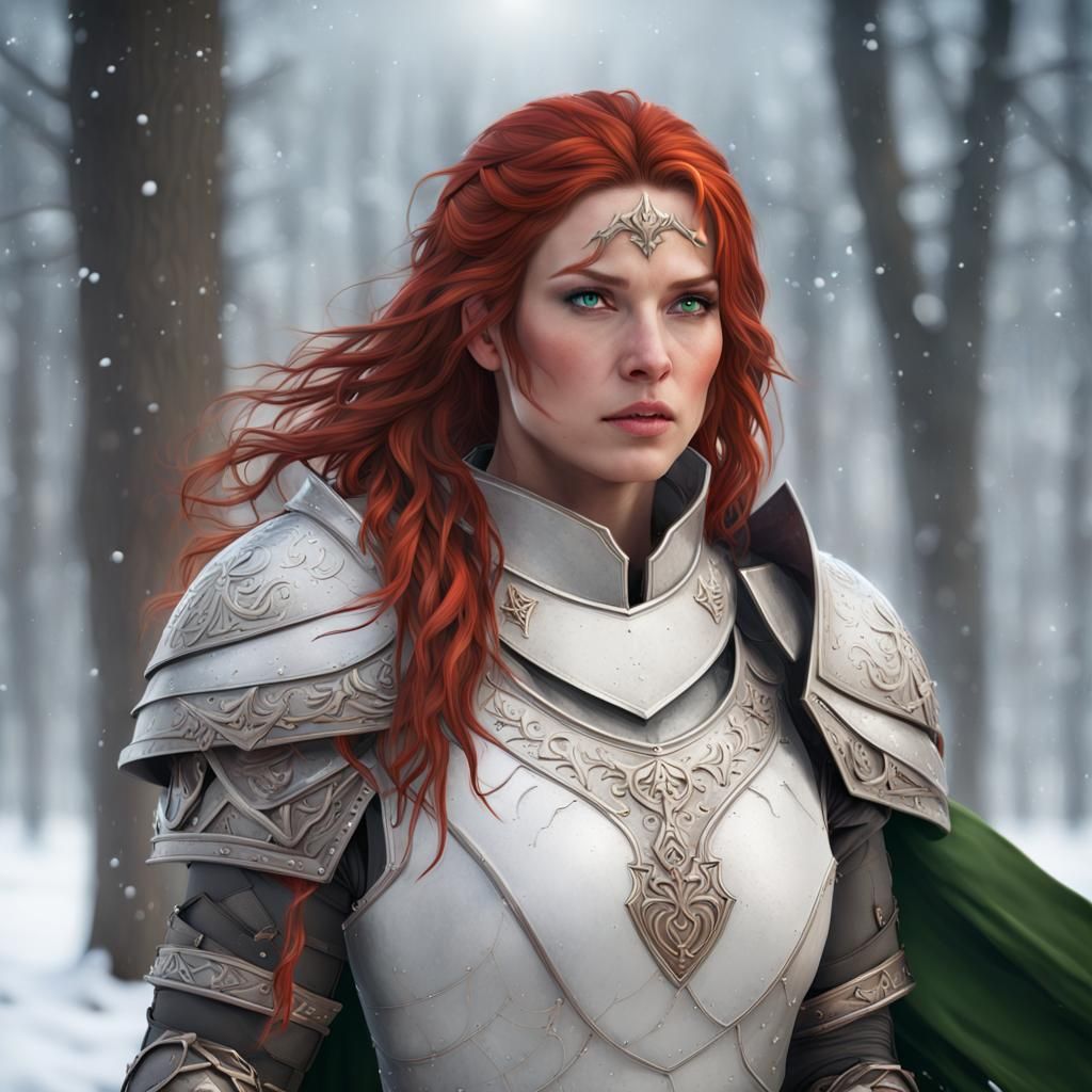 Medieval Female Warrior in Snow, Hyperdetailed Portrait