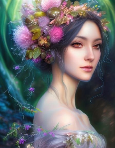 Beautiful Dryad in Forest, Watercolor Art