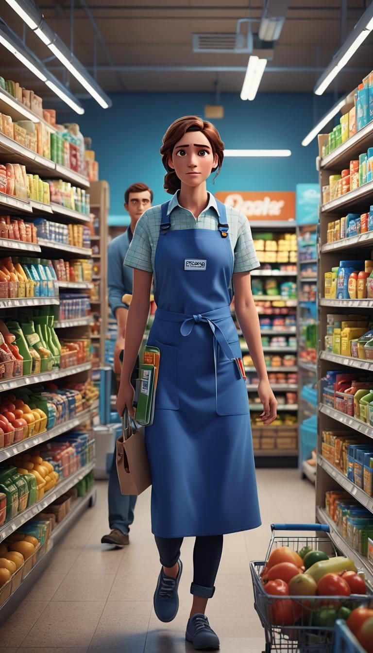 Woman in Supermarket: 3D Pixar-Style Animation