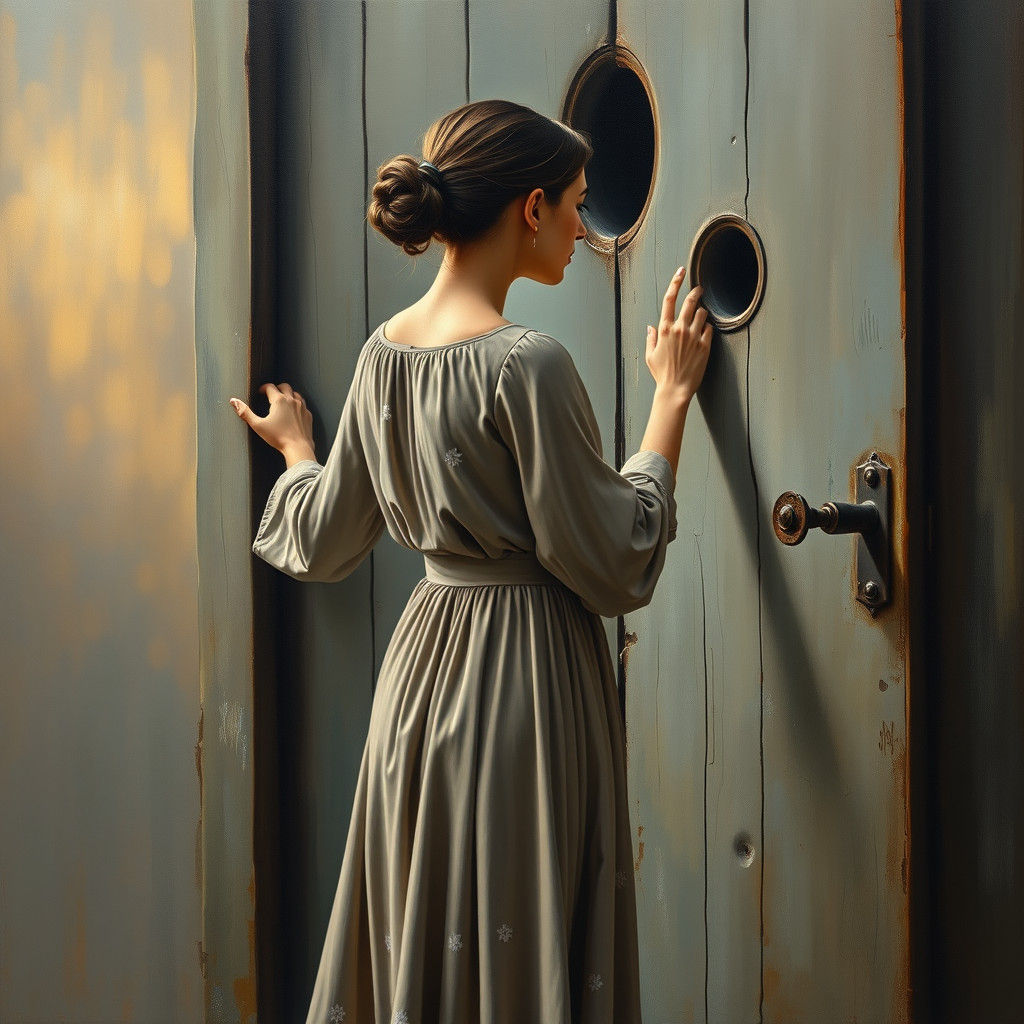 Woman at Wooden Door in Post-Impressionist Style