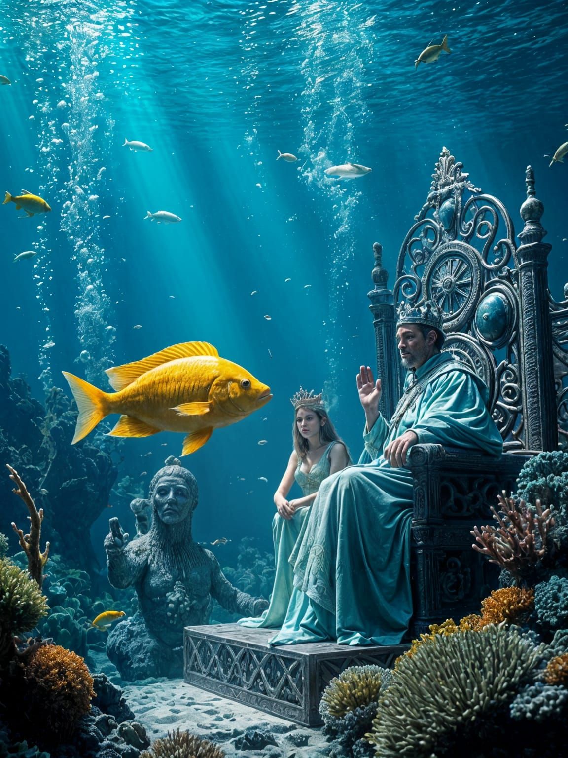 Mysterious Underwater Kingdom with Regal Fish Rulers