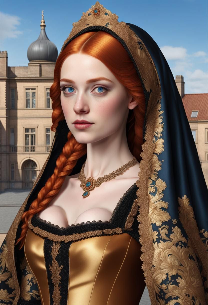 Tudor Woman in Brocade Gown, Photorealistic Portrait