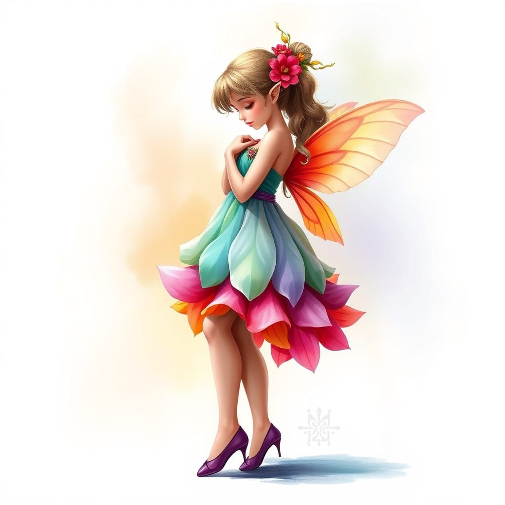 Petite Elf in Floral Dress, Side View, Airbrushed in High De...