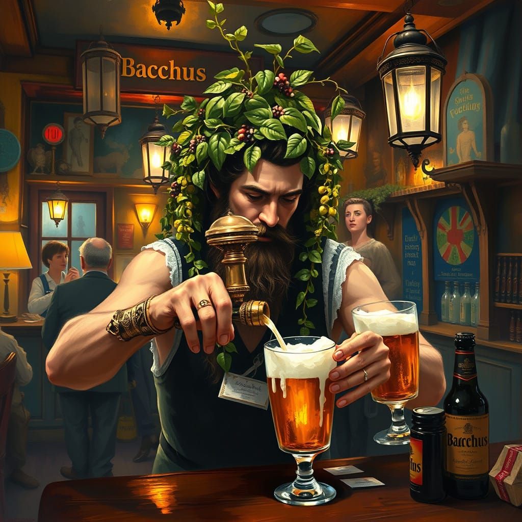 Bacchus, with vines in his hair, working as a barman in an English pub