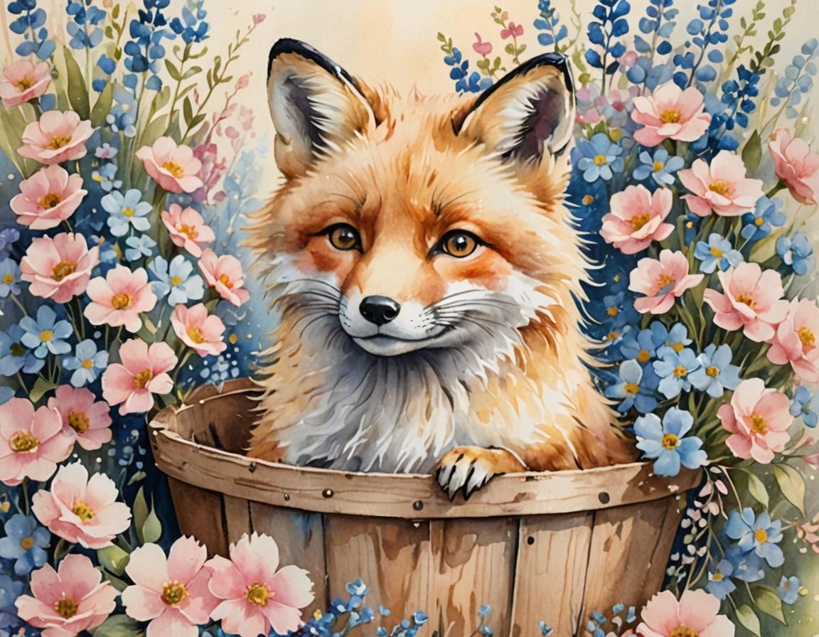 Pastel Fox in Bucket Watercolor Illustration