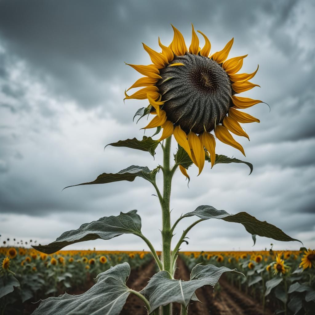 Wilted Sunflower in Field: Abstract Art Close-Up