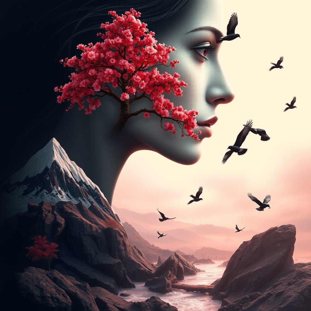 Surreal Portrait of Gray-Toned Female Face Blending into Sno...