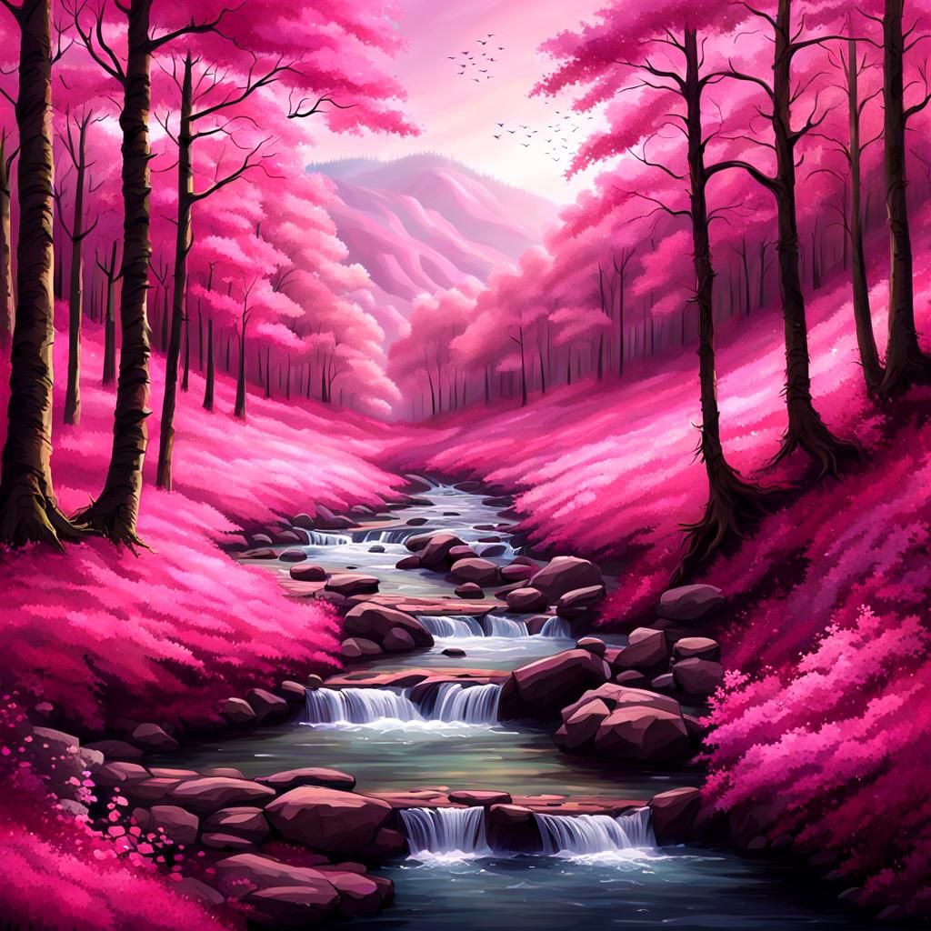 Pink Dreamscape Over Forest Stream