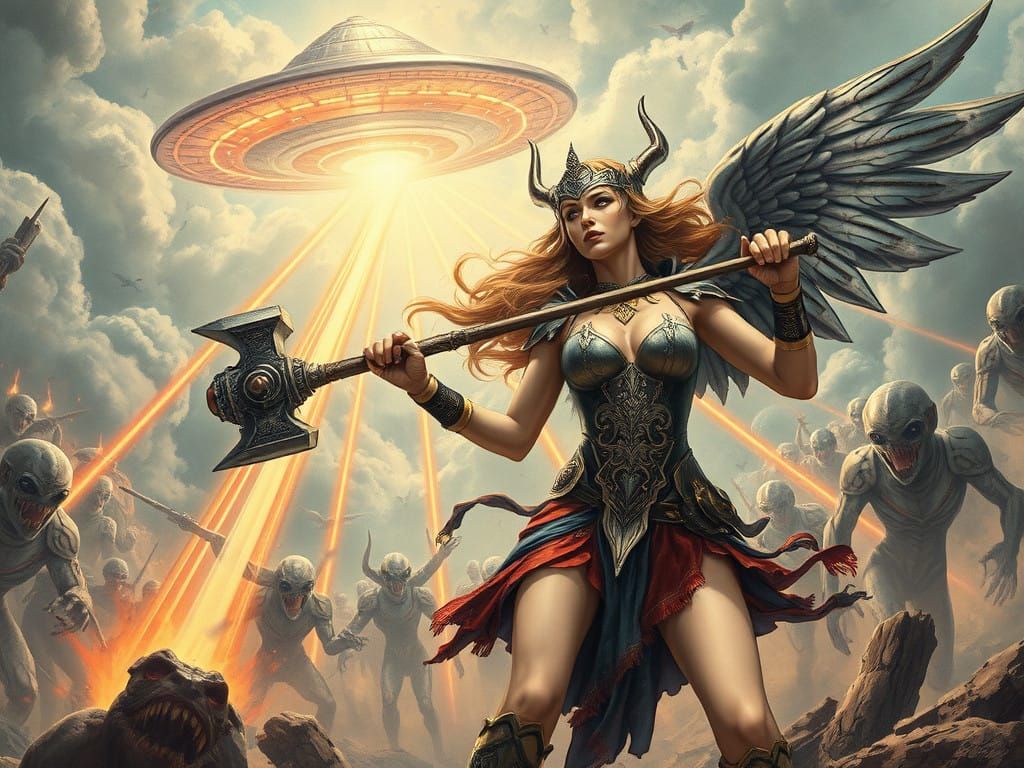 Viking Valkyrie Battles Futuristic Aliens in Epic Showdown