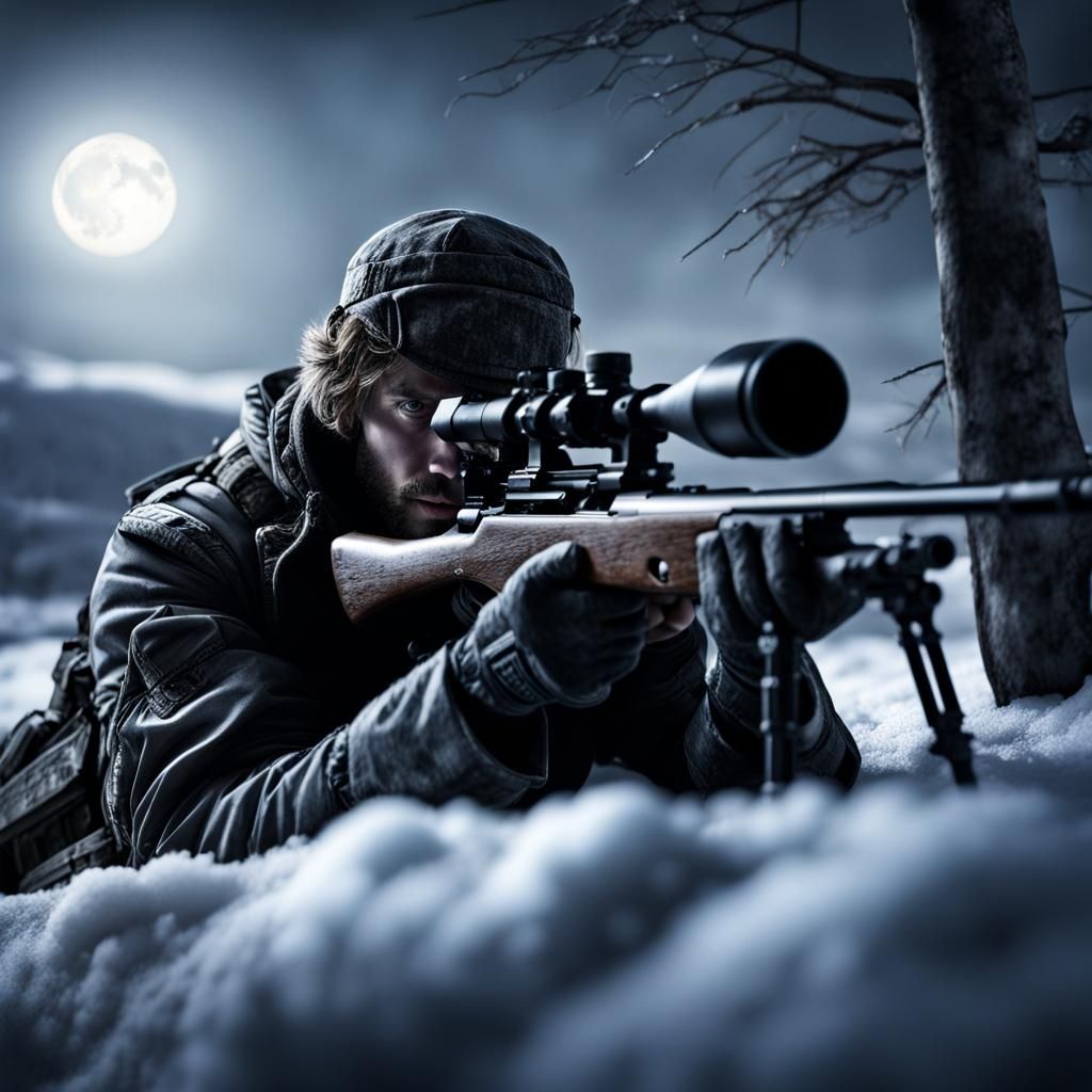 Hyperrealistic Sniper Aiming in Snowy Moonlight