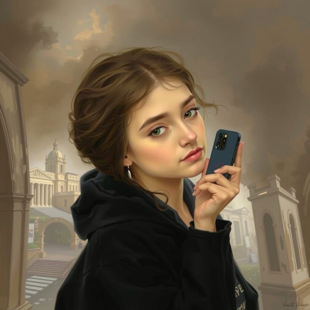 Contemplative Woman in Dystopian City: A Romantic Portrait