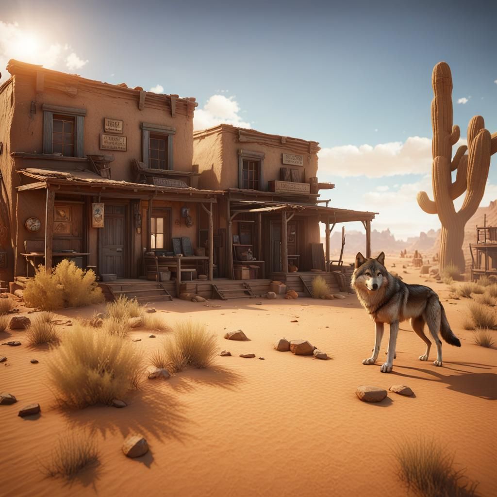 Wolf in Desert Ghost Town: 3D Game Cinematic