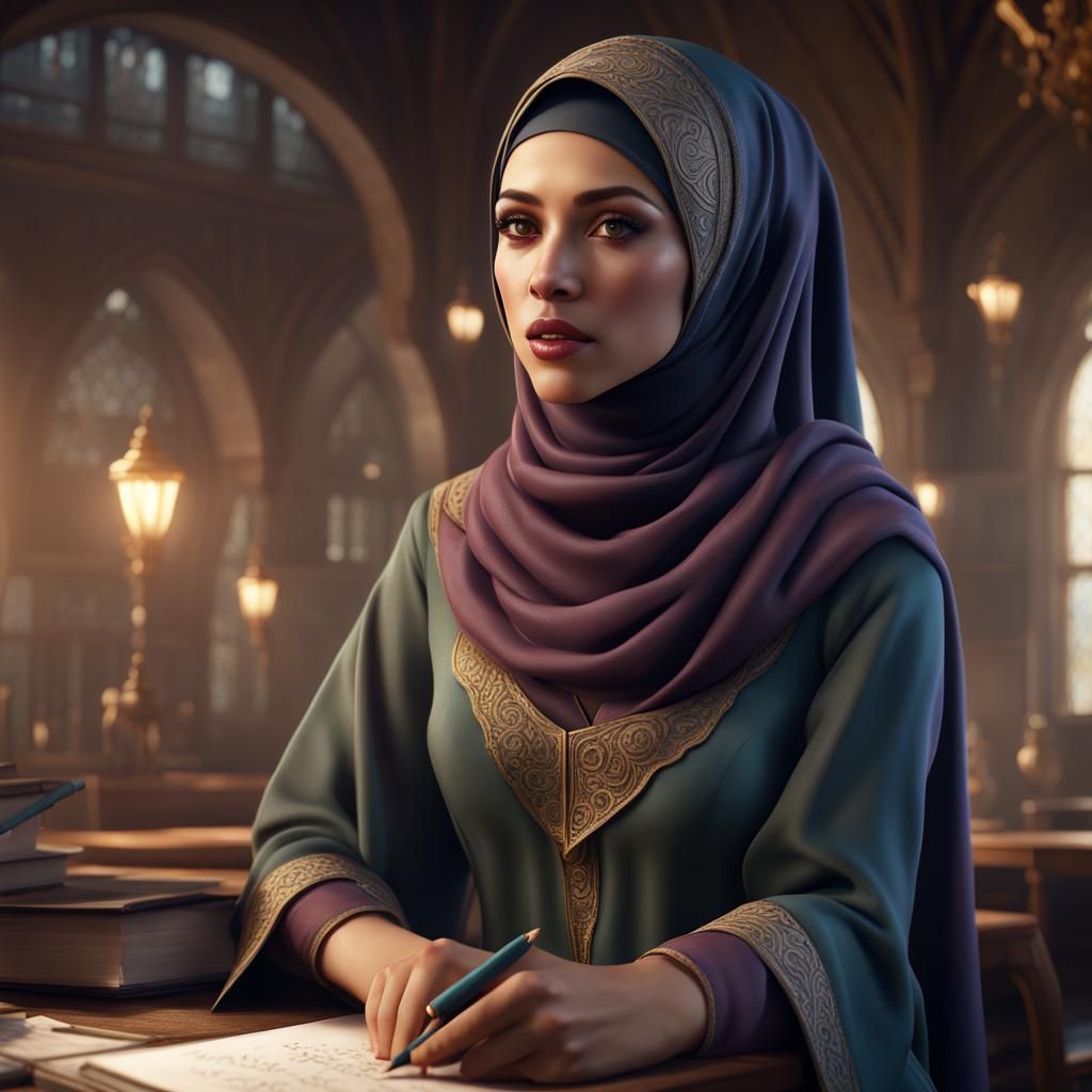 Hijab-Wearing Teacher in Detailed Matte Painting